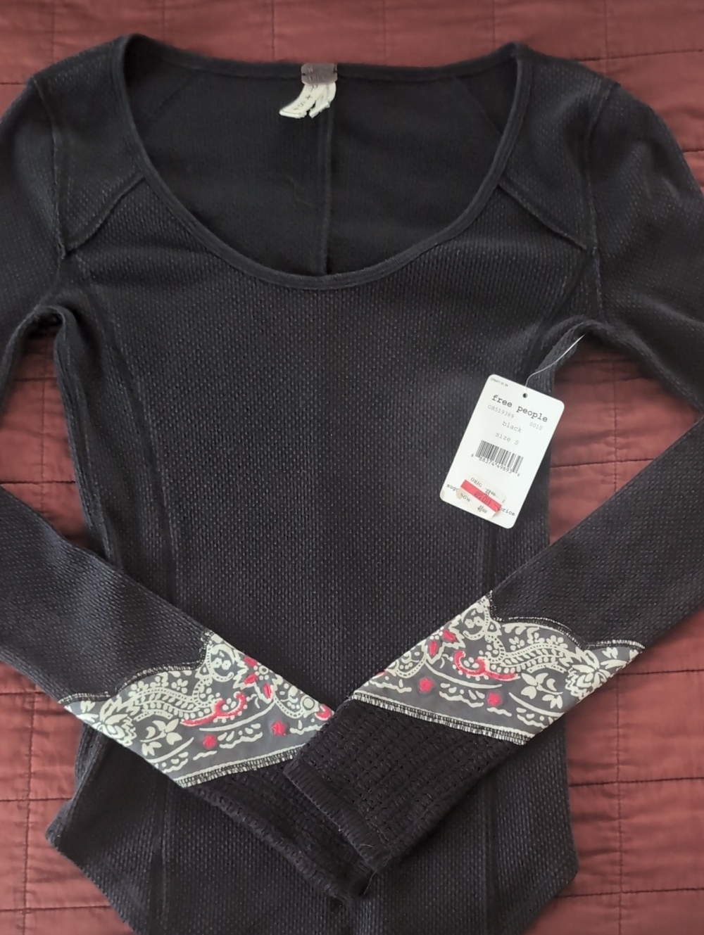 Free People Black Waffle Thermal Long Sleeve Top with Printed Cuffs